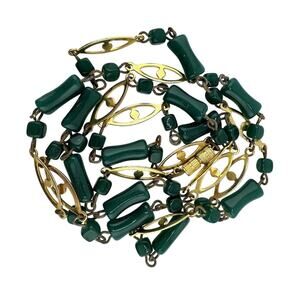 Vintage Green Glass Beaded Eye Link Layerable Gold Tone 33” Station Necklace